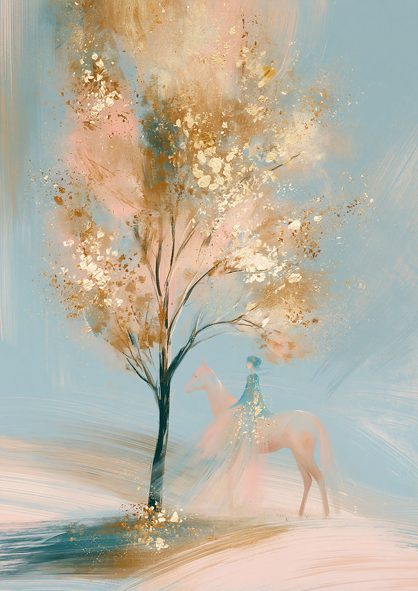 Abstract artwork featuring tree flowers and a horse in soft pastel tones.